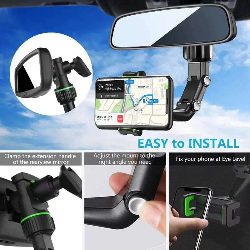 Rearview Mirror Phone Holder, 360° Rotatable and Retractable Car Phone Mount, Multifunctional Rear View Mirror Holder for All Ca